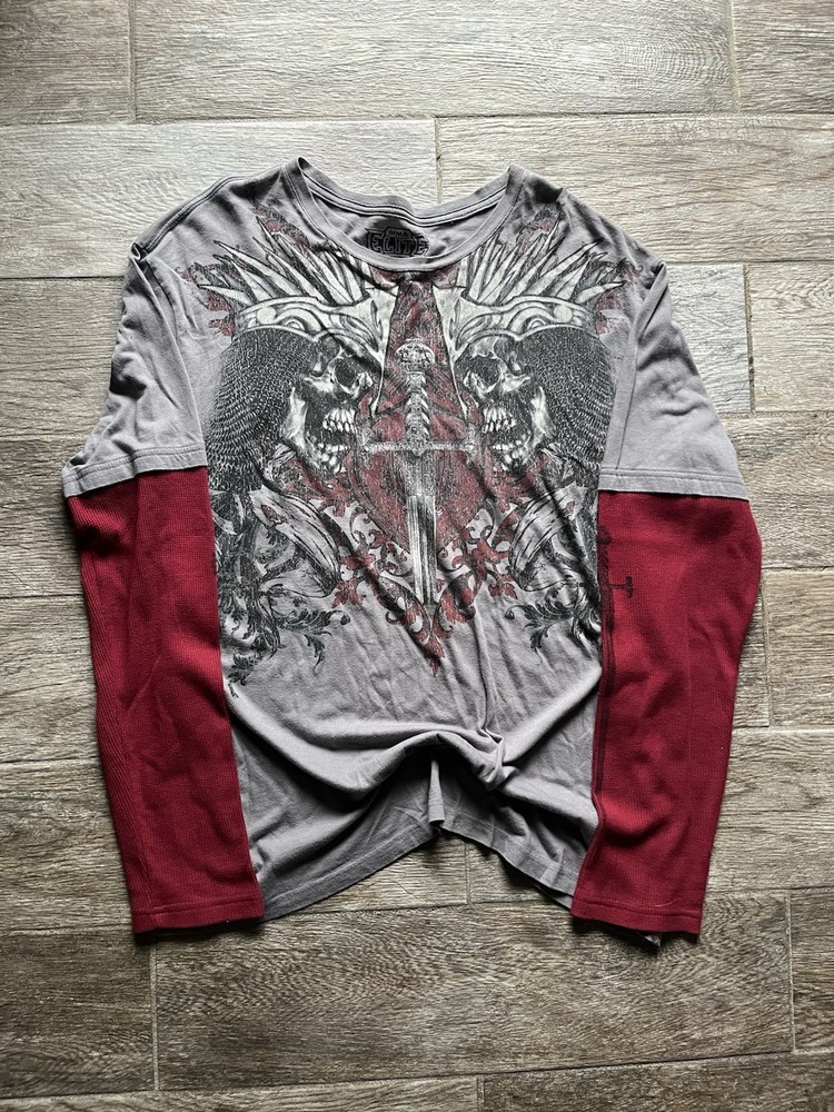 VTG Y2K MMA Elite Layered Long Sleeve Thermal Mens XL Skulls Daggers Gray Red