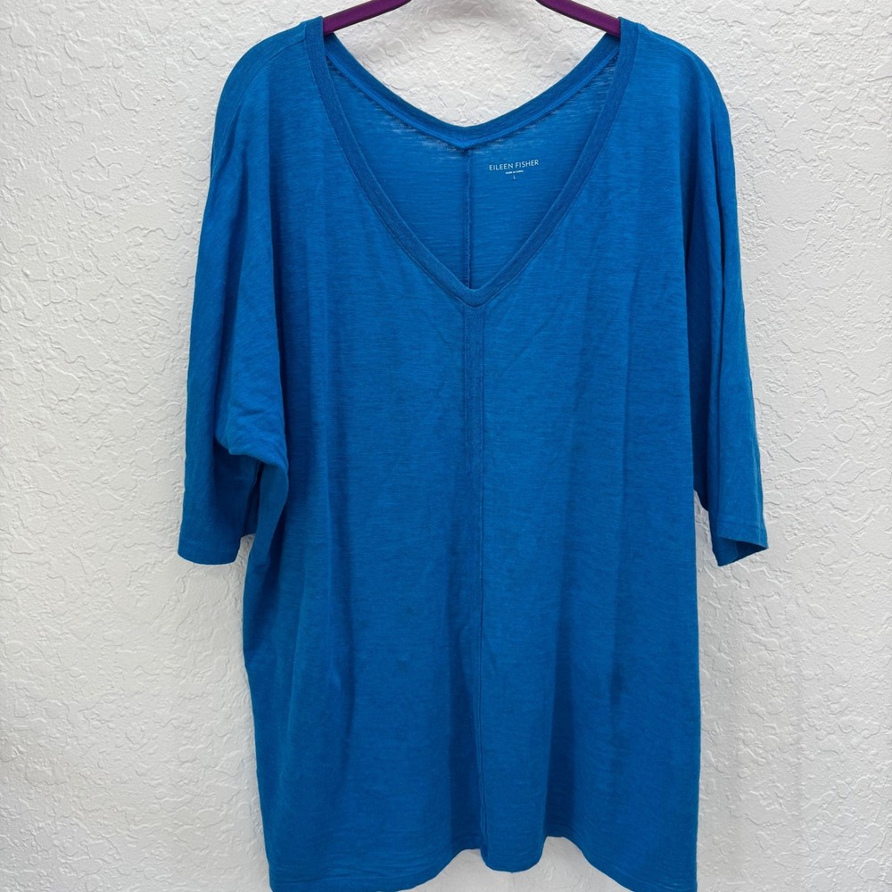Eileen Fisher Women's L Blue V-Neck 3/4 Sleeve Linen Cotton Blend Top Casual