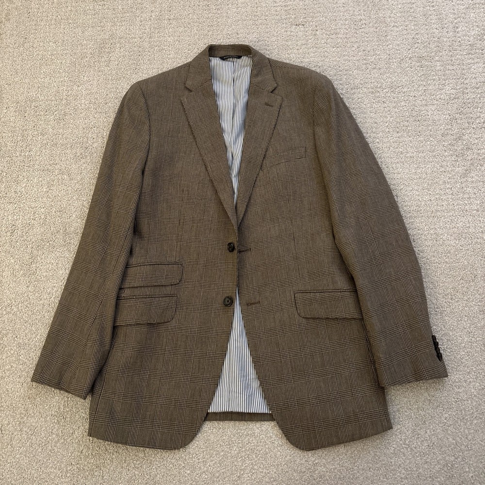 Banana Republic Tailored Fit Italian Fabric Knit Blazer Men 40L Beige Plaid