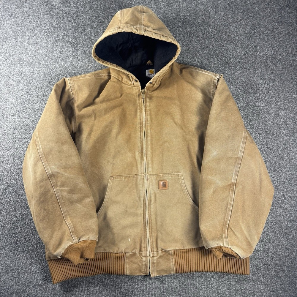 Carhartt Jacket Mens J130 2XL Brown Duck Canvas Hooded Faded Workwear Distressed