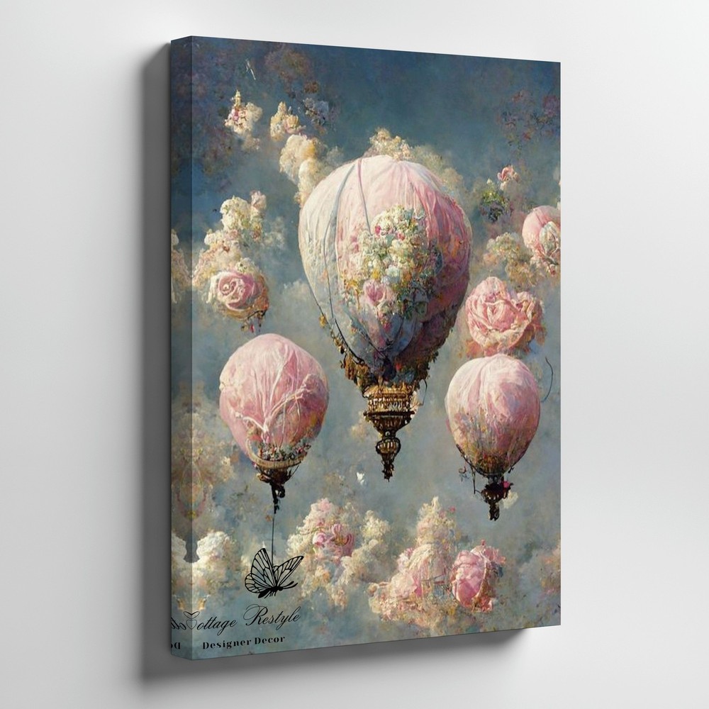 Pink Floral Hot Air Balloons Floating In Cloudy Sky Romantic Canvas Art Print