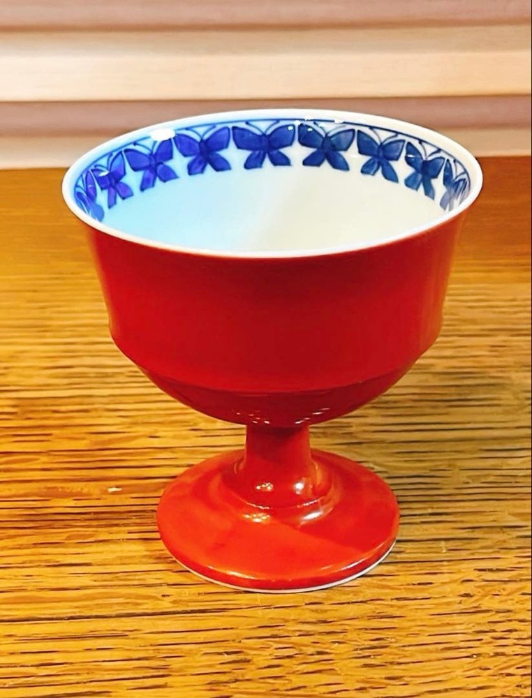Heian Shikasaku Kiyomizu Ware Vermilion Lacquered Sake Cup High Cup Kyoto Ware