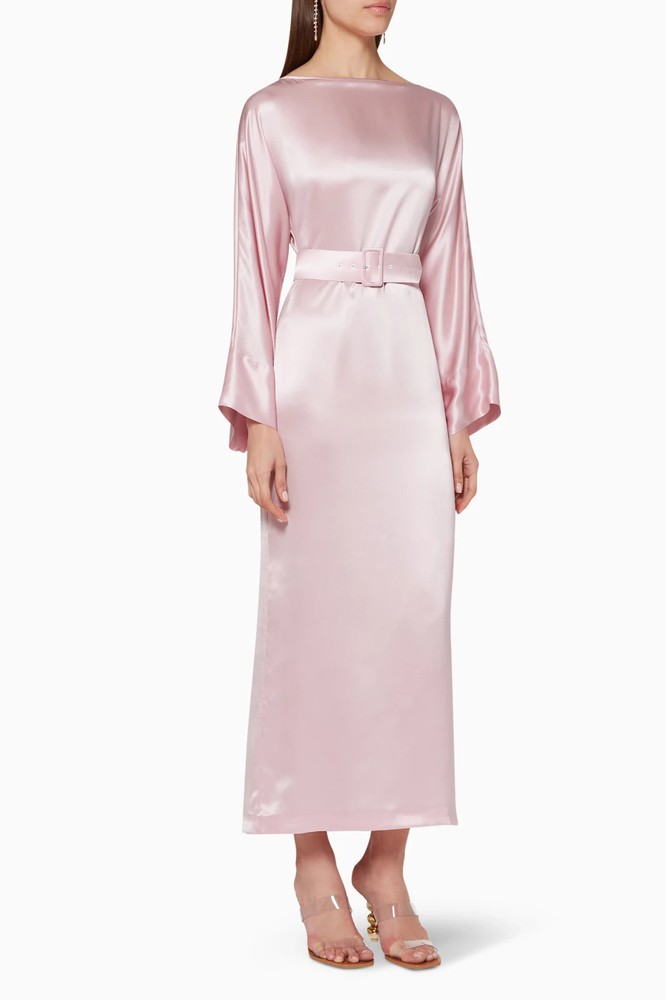 BERNADETTE £770 Jackie Pink Pure Satin Silk Belted Midi Maxi Dress UK 6 US 2 NEW