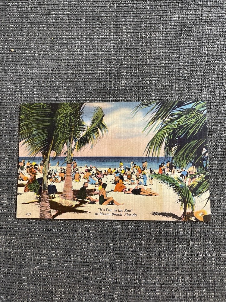 Vintage Linen Postcard Florida~ It’s Fun To Sun  At Miami Beach-Busy Beach Scene