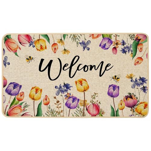 Spring Summer Purple Pink Tulips Floral Welcome Doormat for Indoor Outdoor Use