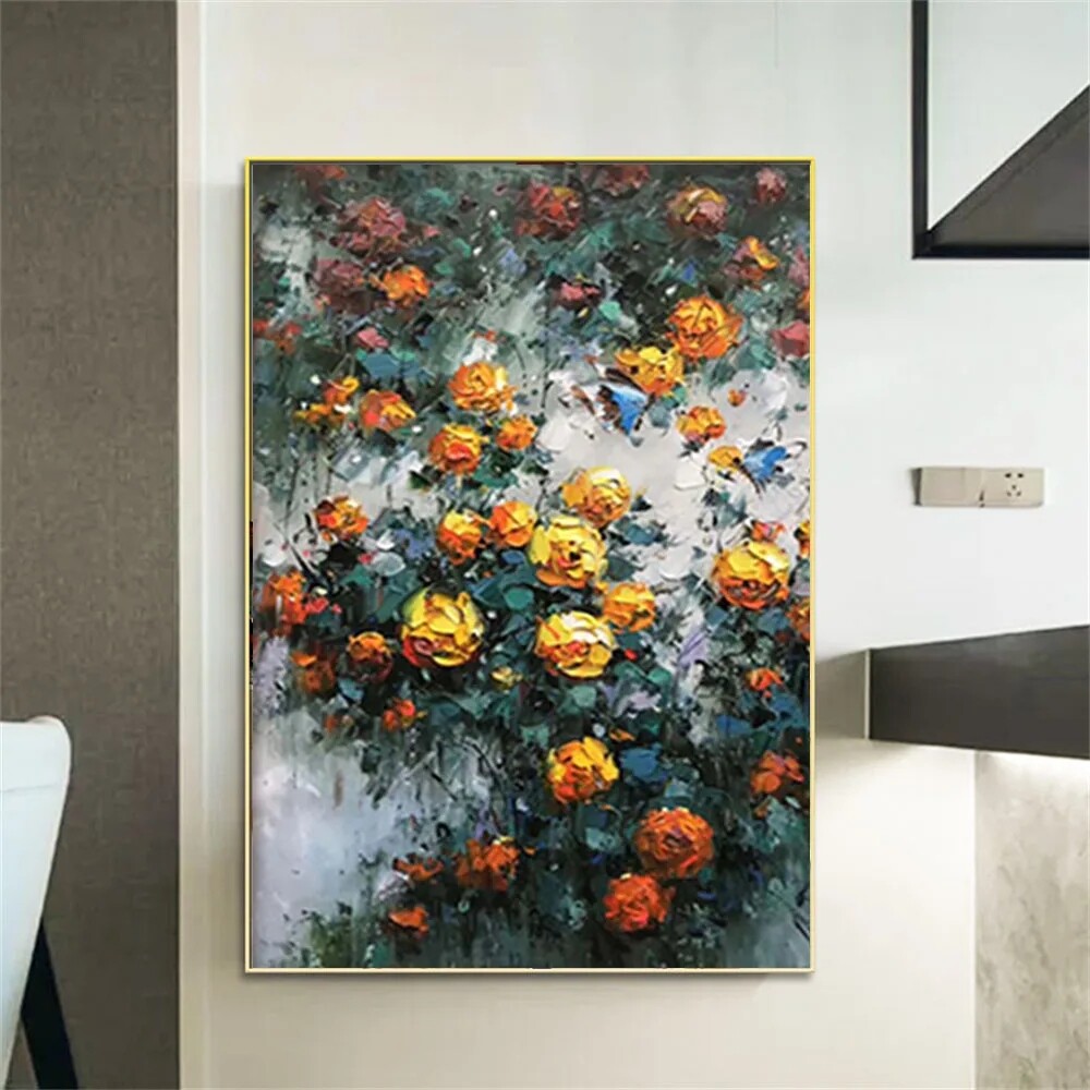 Handmade Modern Garden Landscape Picture Yellow Flowers Abstract Style Thick Oil