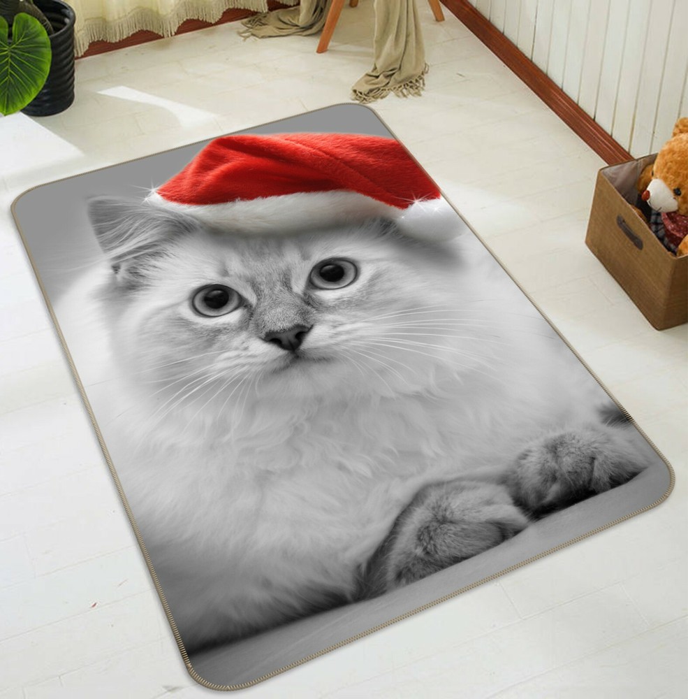 3D Red Christmas Cat Hat Non-Slip Rug Mat Elegant Photo Carpet O888