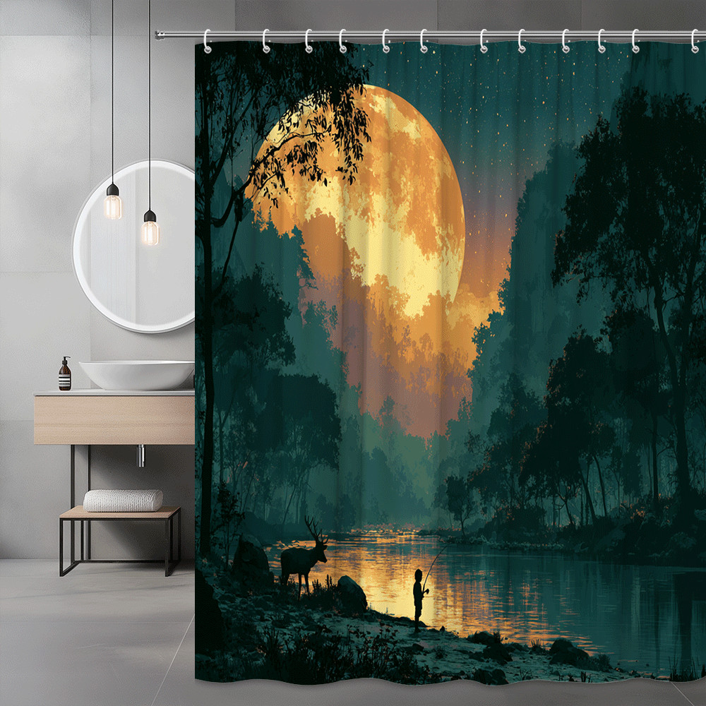 Moonlit Forest River Shower Curtain Deer Silhouette Night Scene