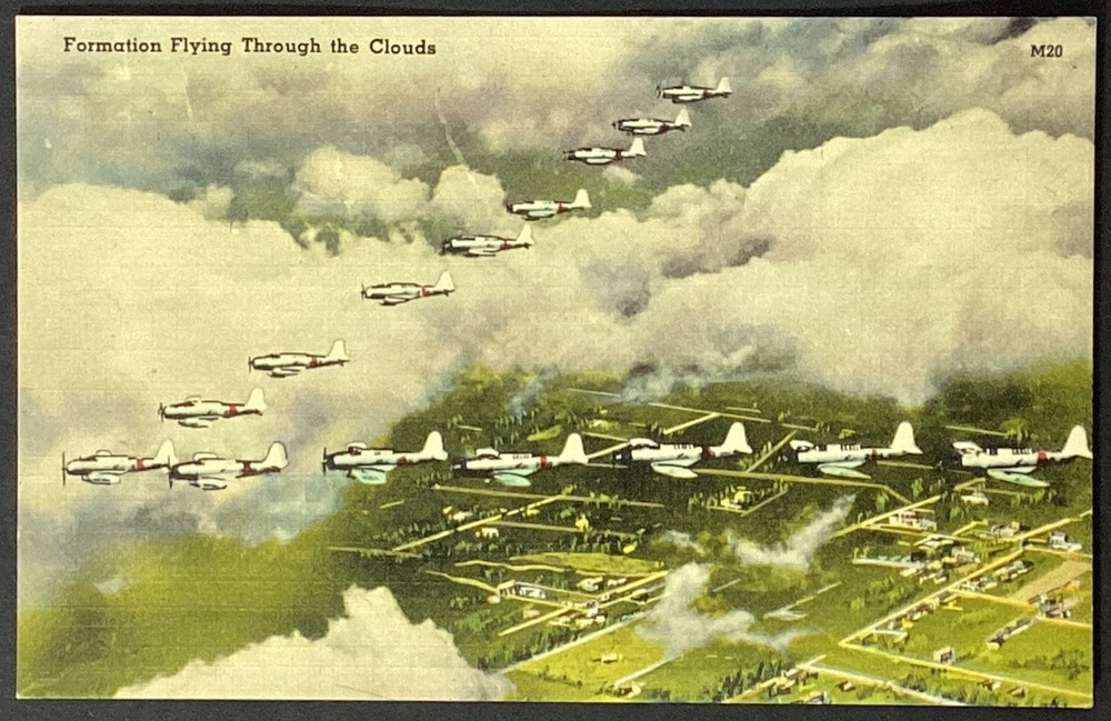 Military Airplanes Formation Flying Through the Clouds Vintage Postcard Unposted