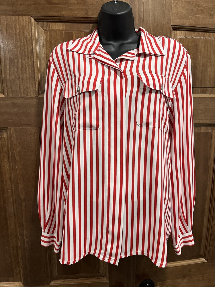 Westbound White & Red Striped Long Sleeves Button Down Sheer Top Size 12 Vintage