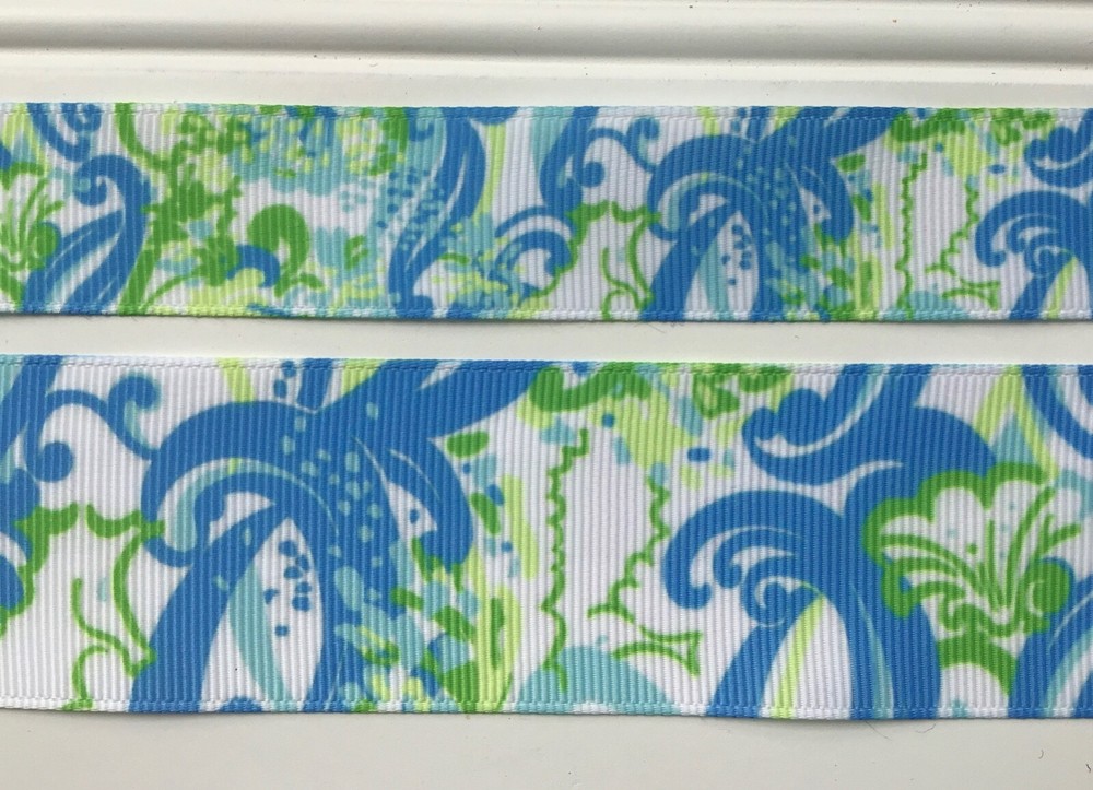 Pretty blue lime green floral preppy Inspired Grosgrain ribbon 7/8