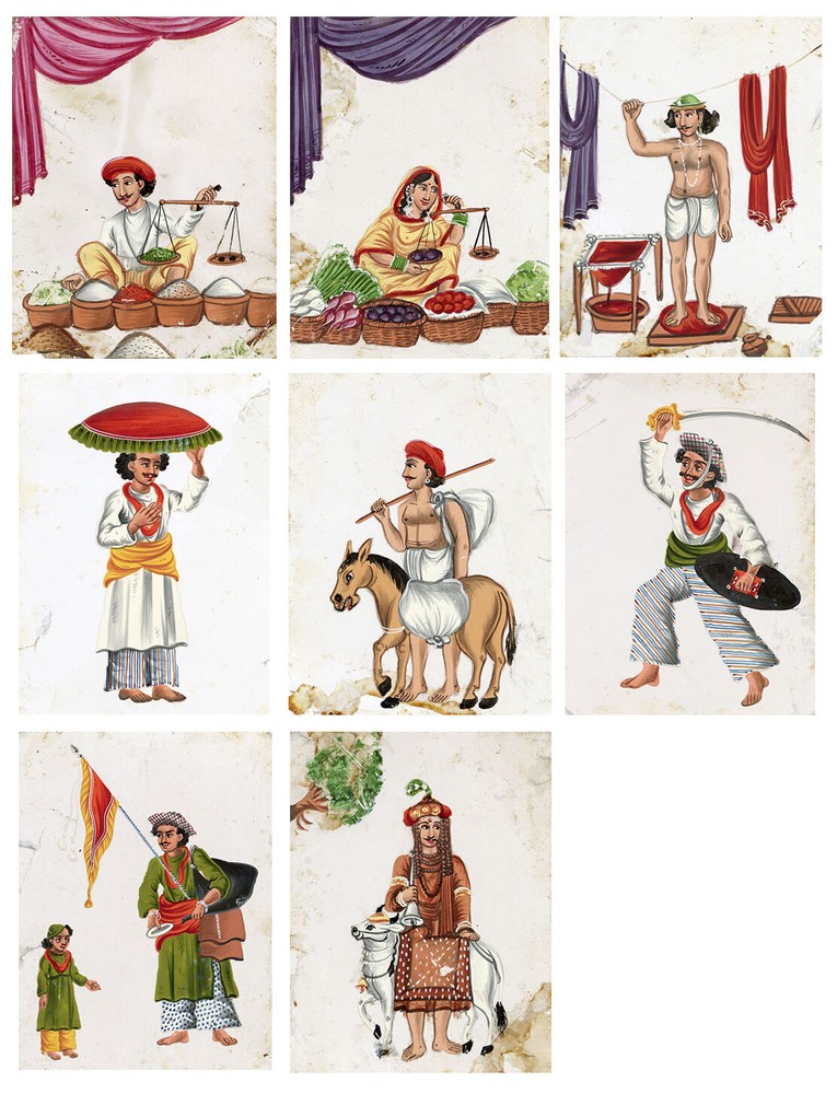 Indian Company School Mica Paintings – Set of 8 Street Sellers & Trades, 19th...