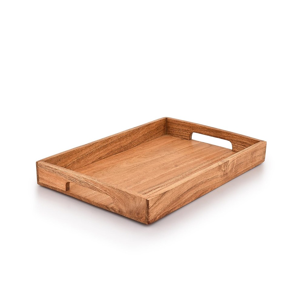 Acacia Wood Serving Tray with Handles - Rustic Snack & Breakfast Wooden Tray  -image