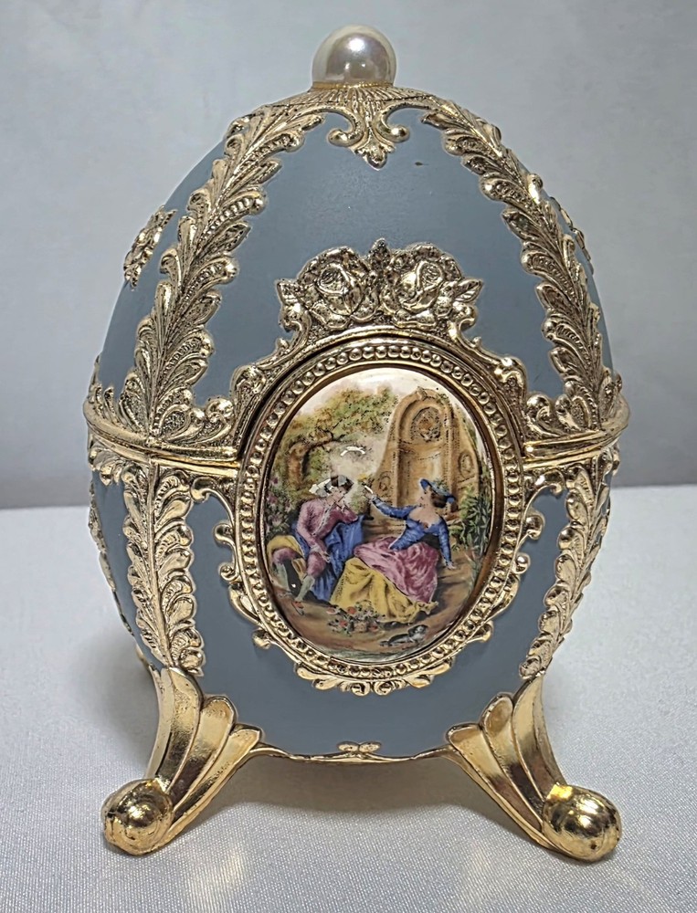 Blue & Gold-tone Footed Egg Hinged Music Jewelry Trinket Box Westland Co Japan
