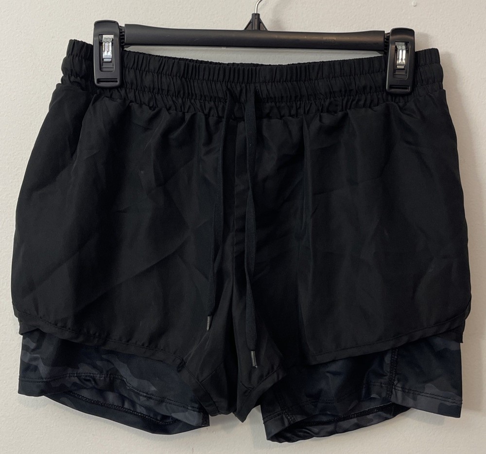 RBX Womens Medium Black Camo Lined Athletic Elastic-Waist Jogging Shorts! A2809