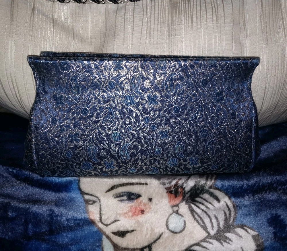 Vintage 1950s Blue Floral Brocade Clutch Purse Metal Frame Formal Accordion