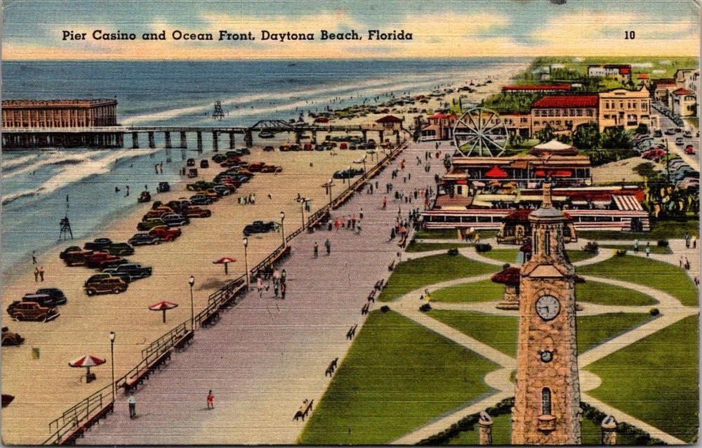 Daytona Beach FL Pier Casino Oceanfront Linen Postcard 1948 Ferris Wheel Clock