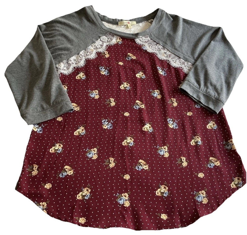 Wishful Park Floral Lace Raglan Top Size L Large Maroon Gray 3/4 Sleeve Blouse