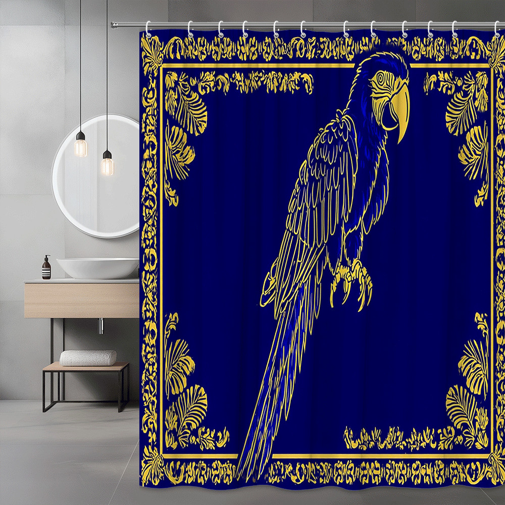 Blue Parrot Shower Curtain Gold Tropical Border Print