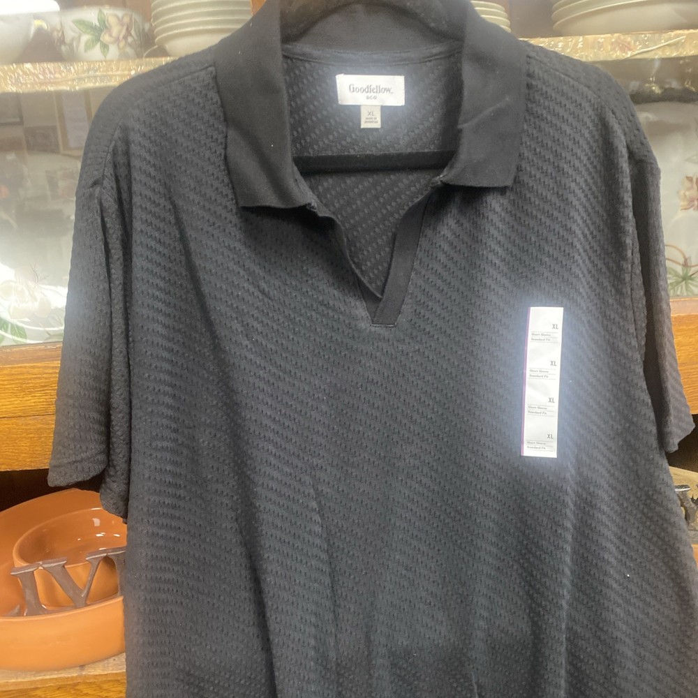 Goodfellow & Co. Men's Short Sleeve V-Neck Collar Textured Polo Black XL Stretch