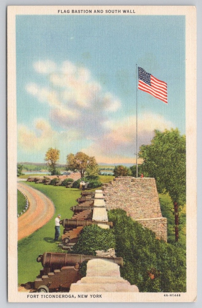 Fort Ticonderoga NY Flag Bastion South Wall Cannons Lake Champlain Postcard