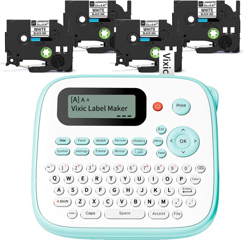 D210S Label Maker Machine with 4 Tapes, 6.5x5.8x2.5 Inch, Green  