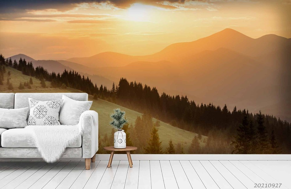 3D Sunset Sky Mountains Forest Scenery Wall Murals Wallpaper Murals Wall Sticker
