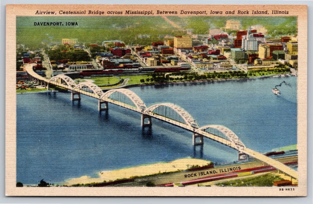 Davenport Iowa~View Of Centennial Bridge Over Mississippi River~Vintage Linen PC