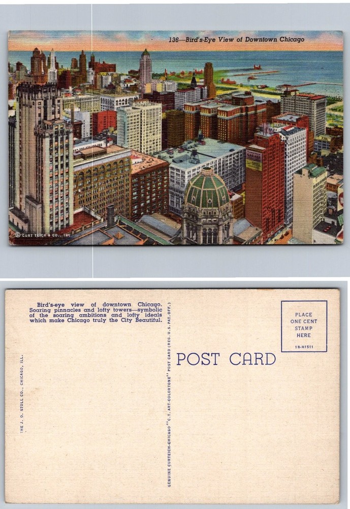 Vintage Bird's-Eye View Downtown Chicago Linen Postcard Curt Teich 1941