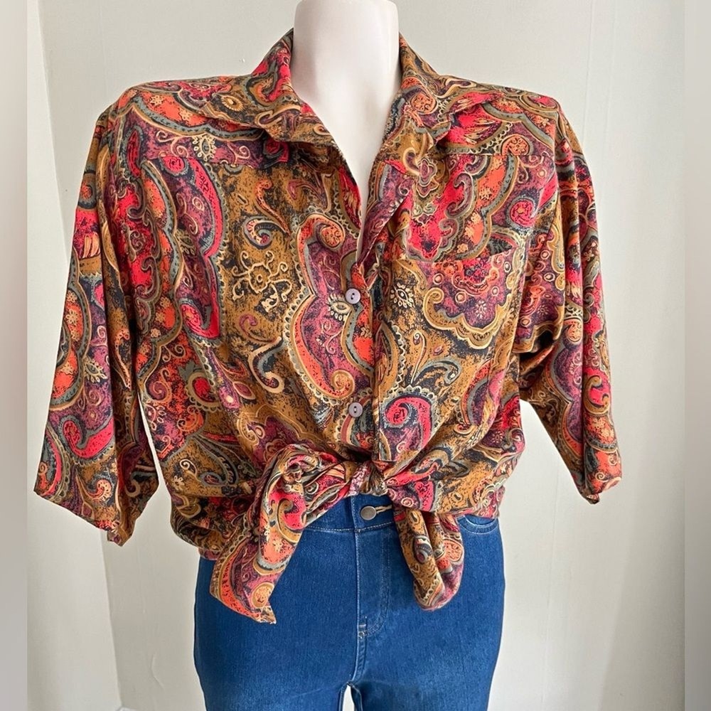 Vintage 70s Paisley Button Front Blouse Boho Hippie Tie Front Top Small
