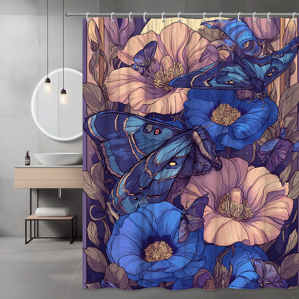 Butterfly Floral Shower Curtain Blue Pink Botanical Print
