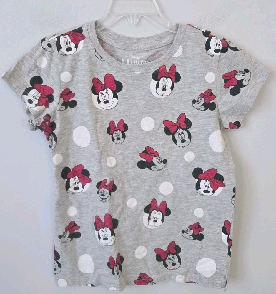 Disney Minnie Mouse Girls T Shirt Size Medium 7/8 Gray Polka Dot Short Sleeve...