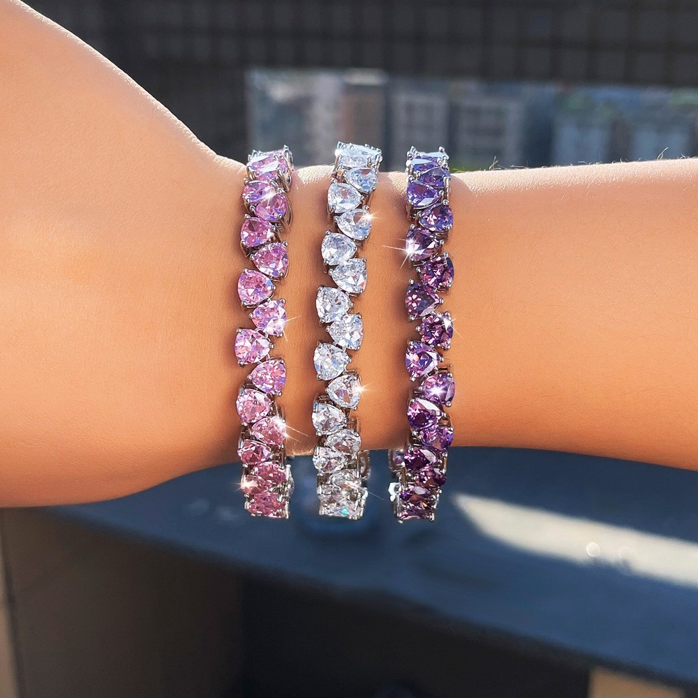Women Silver Plated Triangles Staggered Pattern Cubic Zirconia Tennis Bracelet