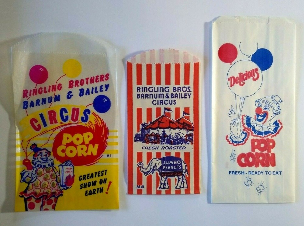 Vintage 1940s Ringling Bros Circus Clown Popcorn Peanut Bags Lot of 3