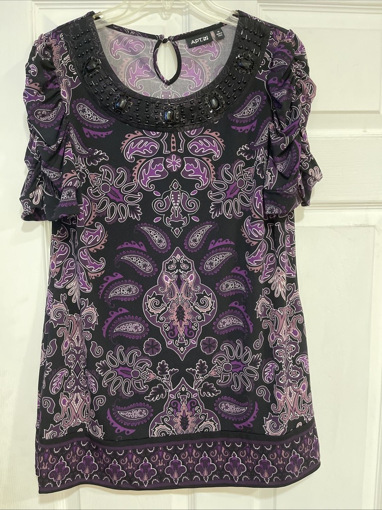 Apt.9 Women’s Tunic Top Short Sleeve Purple Black Parsley Jewel Neck Line SZ M