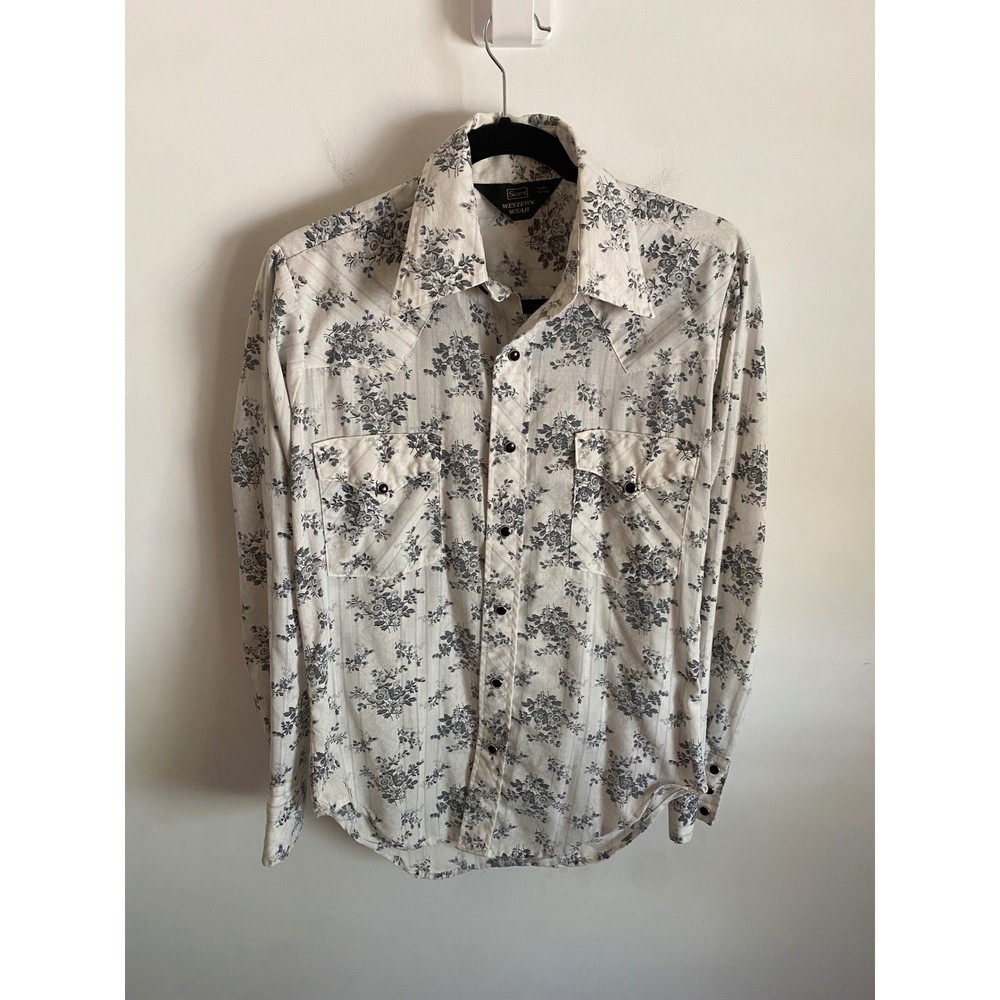 Vintage Sears Western Wear Men Small Floral Pearl Snap Western Shirt Grey Cream