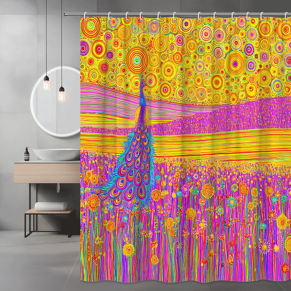 Colorful Peacock and Floral Shower Curtain, Psychedelic Art Print