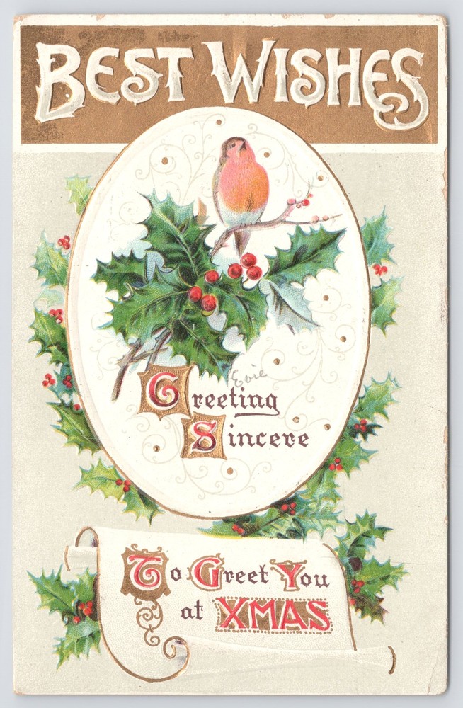 Xmas Greeting Sincere~Bird On Holly In Oval~Gold~Emb~BB London~Vintage Postcard