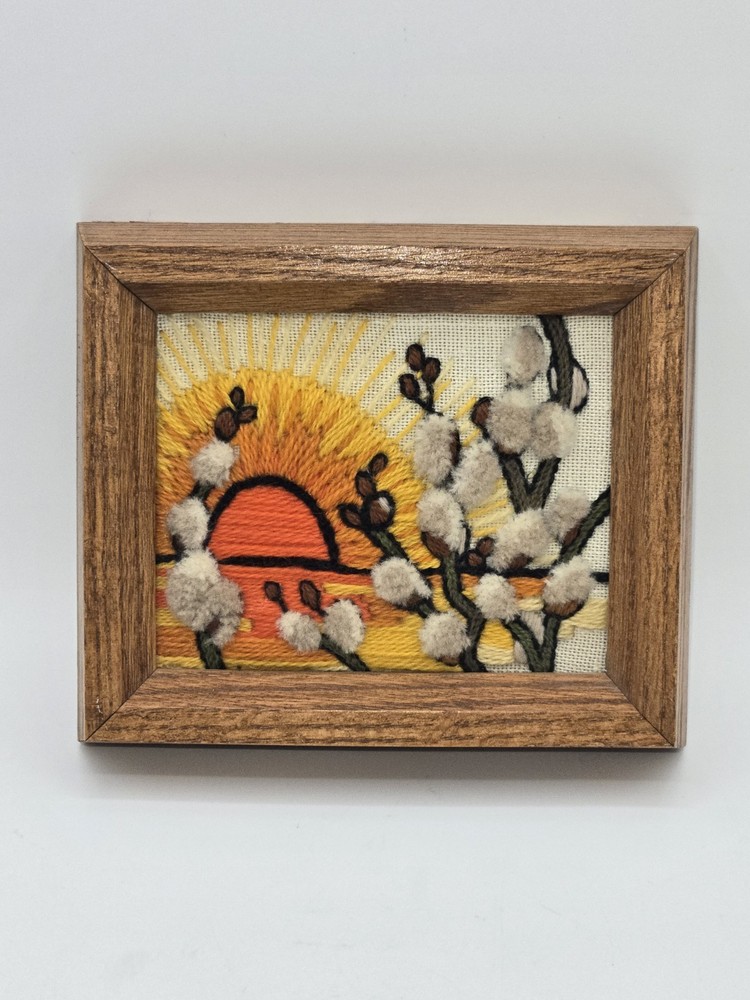 Vintage Framed Needlepoint Sunset Wall Art Puffy Chenille Willow Trees