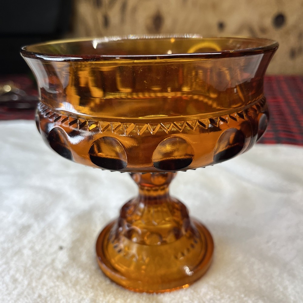 Vintage Indiana Glass amber Kings Crown Pedestal Thumbprint Compote Candy Dish