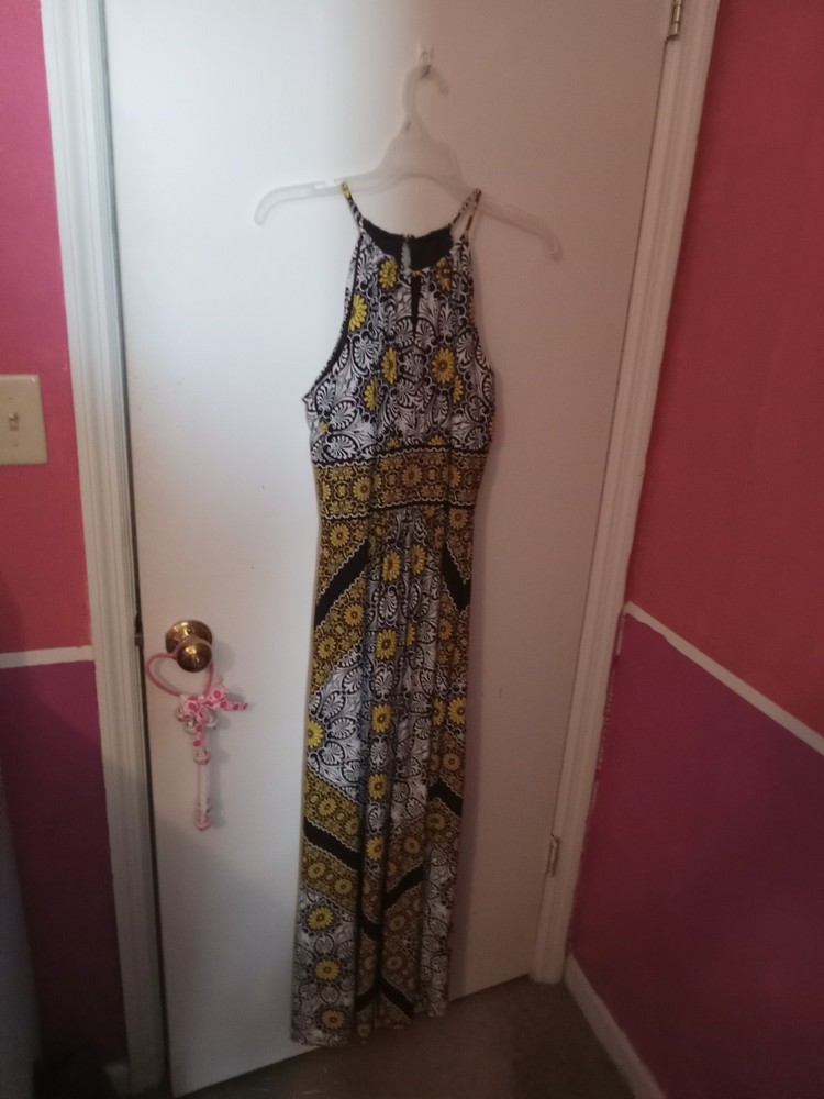 Women's Size 10 Spring Summer Floral Print Black White Yellow Maggy L Maxi Dress