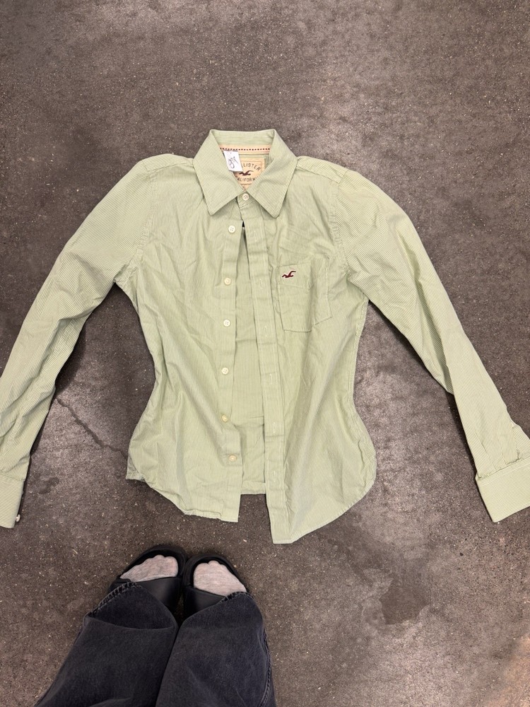 Hollister Men's Green/White Striped Long Sleeve Button-Up Shirt Pocket XS