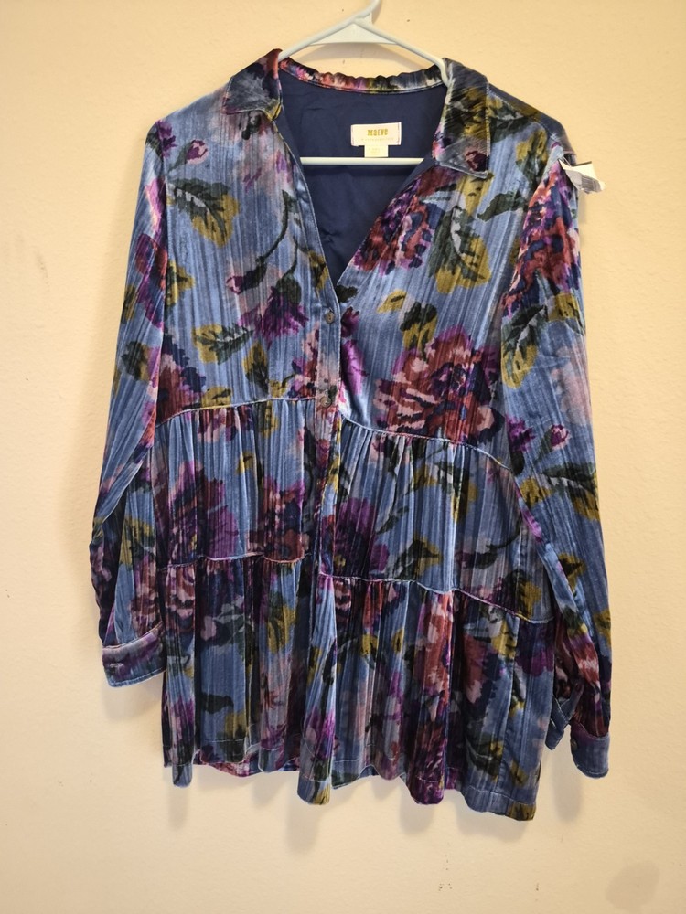 Maeve Anthropologie Reverie Blue Floral Velvet Tiered Tunic Blouse Size L Boho