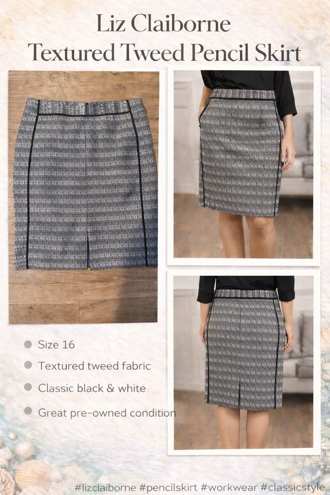 Liz Claiborne Textured Tweed Pencil Skirt Lined Black White Size 16