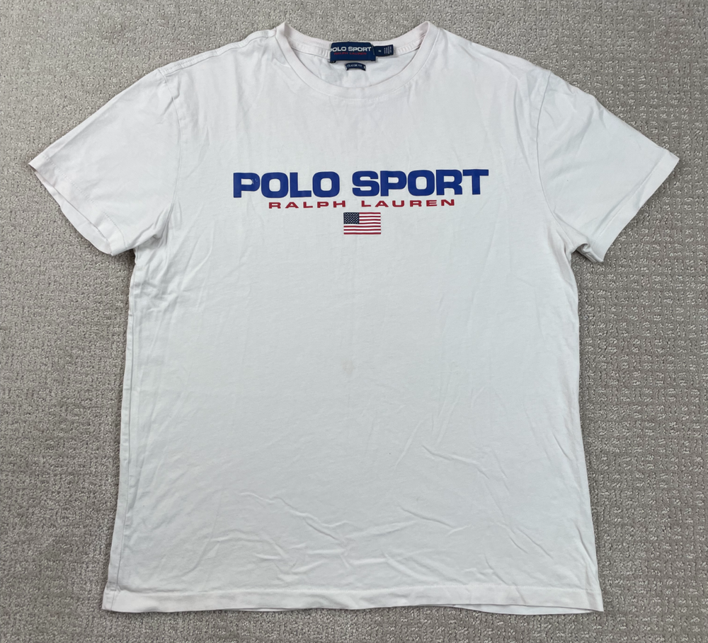 Vintage Polo Sport T Shirt Mens Medium White Graphic Tee Spellout Flag Logo 90s
