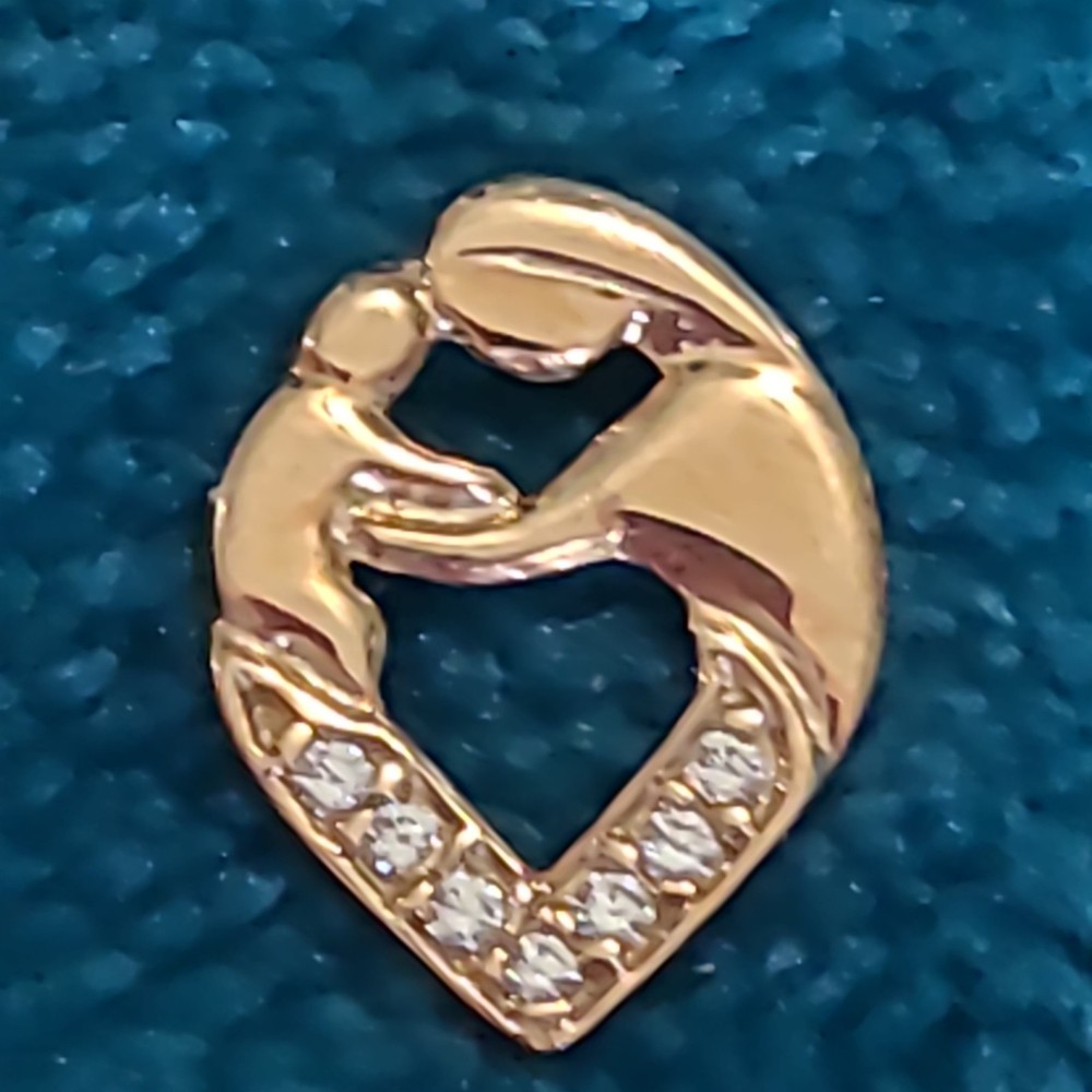 10k Yellow Gold Heart Mother  and Child Pendant w/Diamonds Mothers Day Birthday