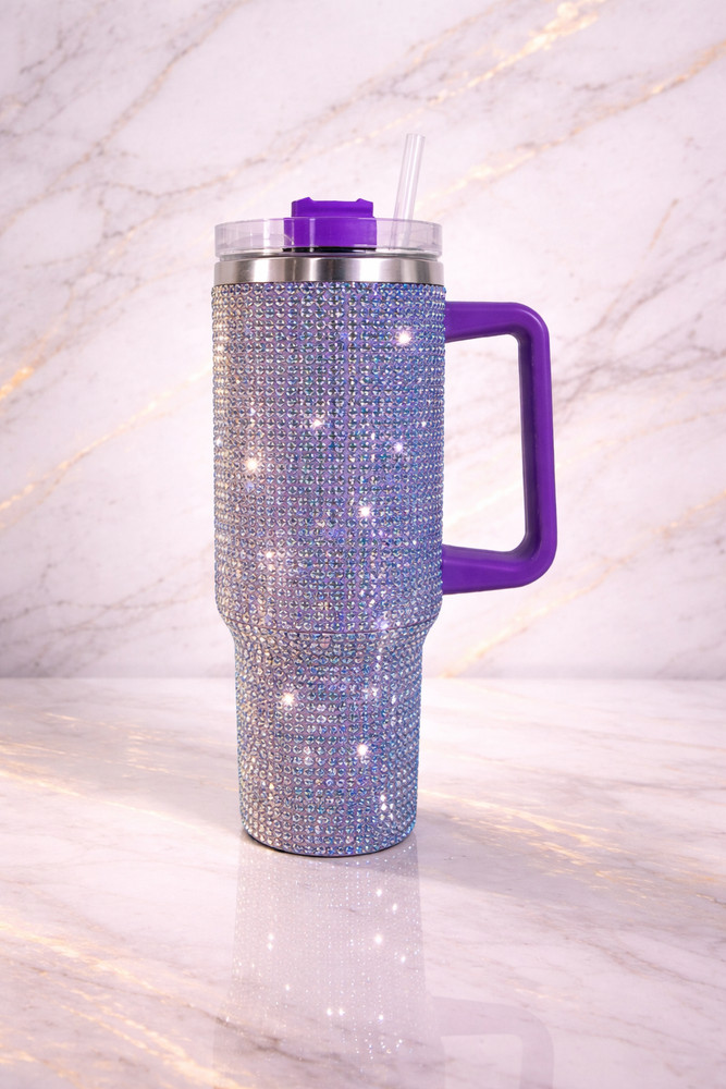 40oz Purple Rhinestone Tumbler Glitter Bling Cup w/ Handle Lid Straw