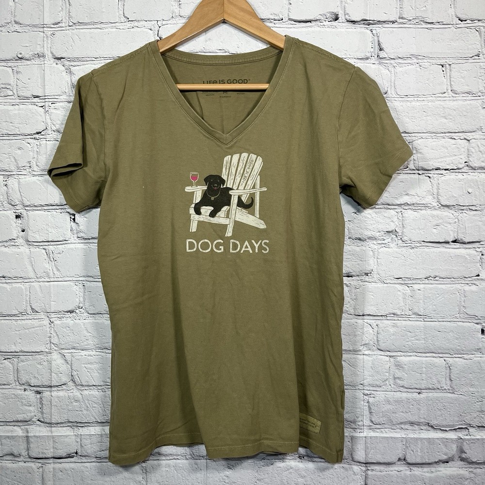 Life is Good Dog Days Crusher T Shirt Womens Size Medium Green Short Sleeve
