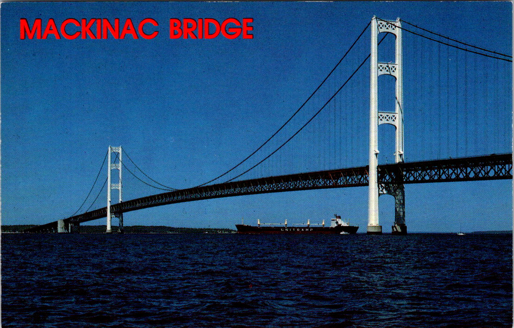 Vintage Postcard Straits Of Mackinac Bridge Michigan Peninsula Connection