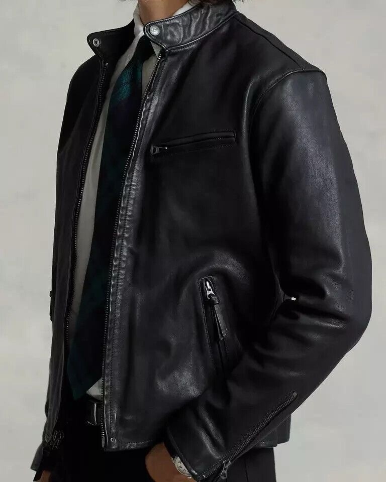Men's Black Leather Moto Jacket | Zipper Cuffs & Pockets | Biker Style |